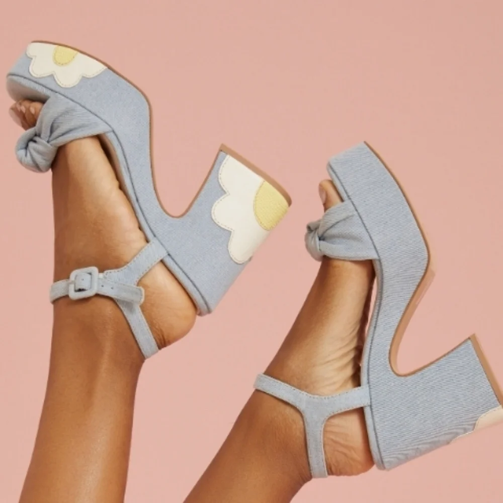 Light Blue Denim Platform Sandals with Yellow Daisy Accent